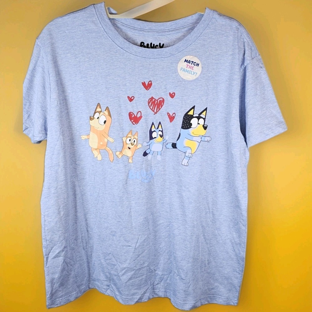 Bluey Womens X- Large Blue Bluey Family- hearts Graphic Print Cotton T-Shirt